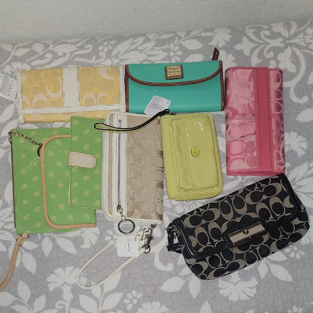 Coach, Dooney & Bourke Wallet Set in Pink, Green, Yellow, and Black